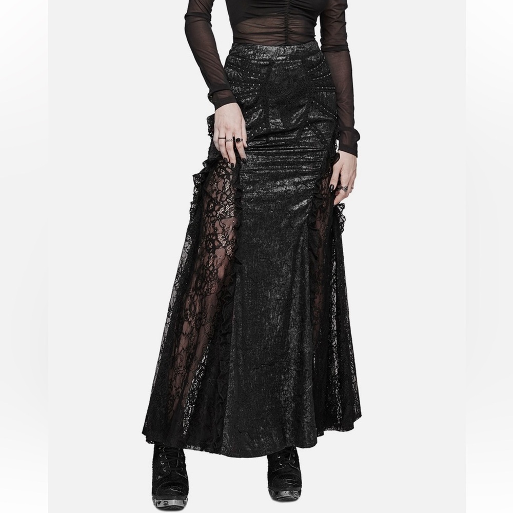 Punk Rave Floral Tribute Casket Maxi Skirt Black Lace Gothic Mermaid - Picture 6 of 16